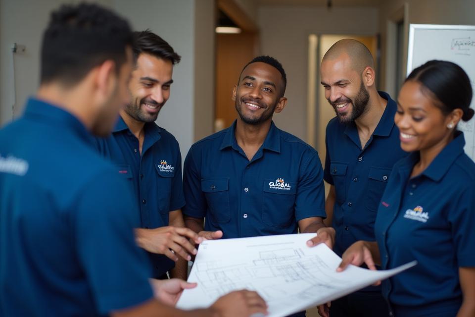 A diverse team of GLOBAL PLUMBING LLC professionals discussing plans, representing their unified expertise.