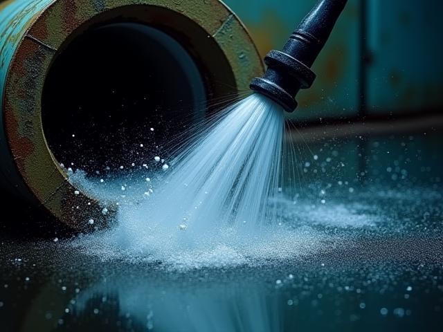 Hydro jetting equipment clearing a clogged drain, demonstrating powerful cleaning solutions.