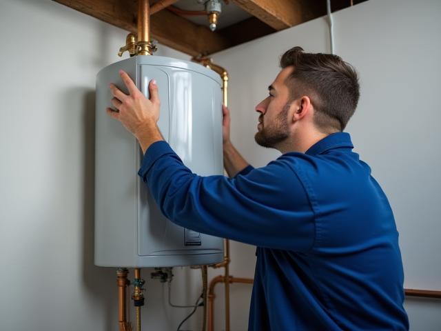 A new water heater being expertly installed by a GLOBAL PLUMBING LLC technician.