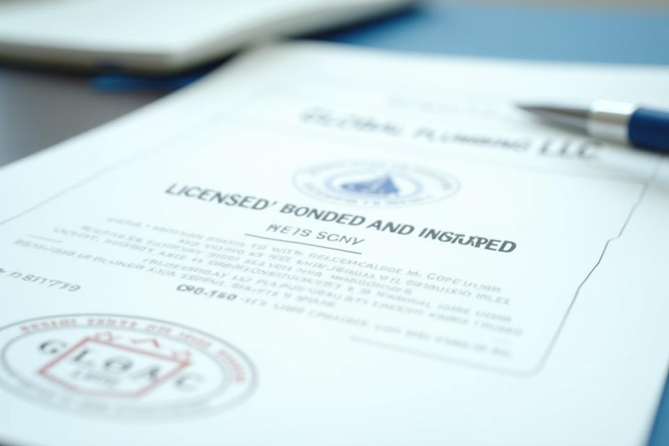 Close-up of a GLOBAL PLUMBING LLC license or certification, emphasizing bonded, licensed, and insured status.